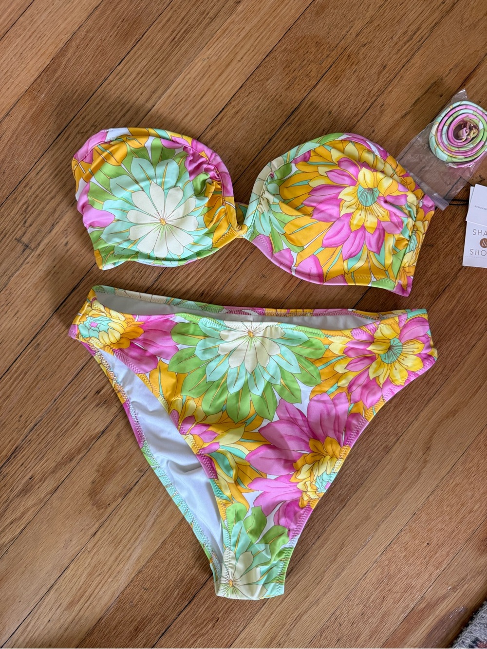 Shade & Shore Floral Bandeau Bikini - Pink, Yellow & Green